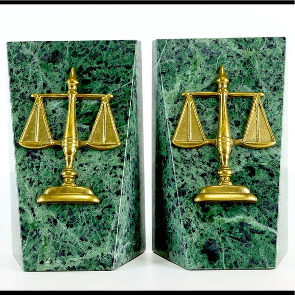 Pair of Vintage Green Marble Book Ends Adorned with Brass Scales of Justice